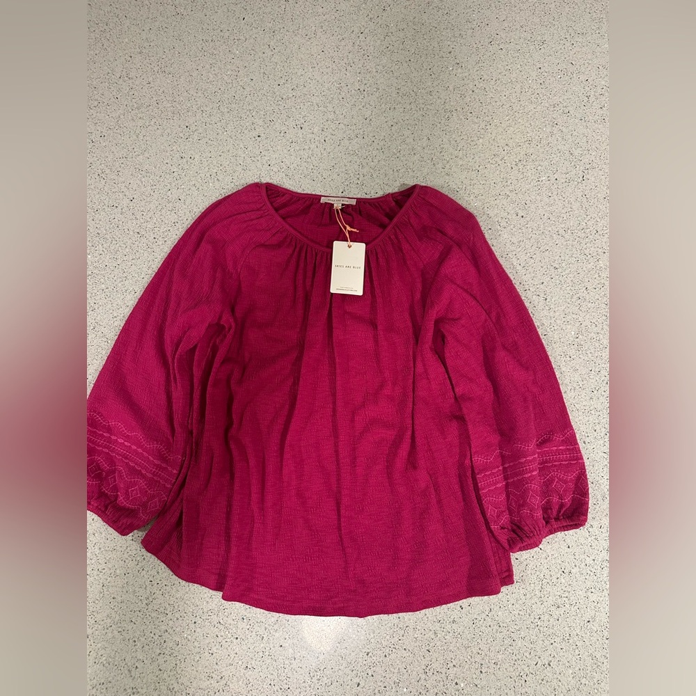 Skies Are Blue Fuchsia Pink Blouse with Embroidered Sleeves Stitch Fix Small